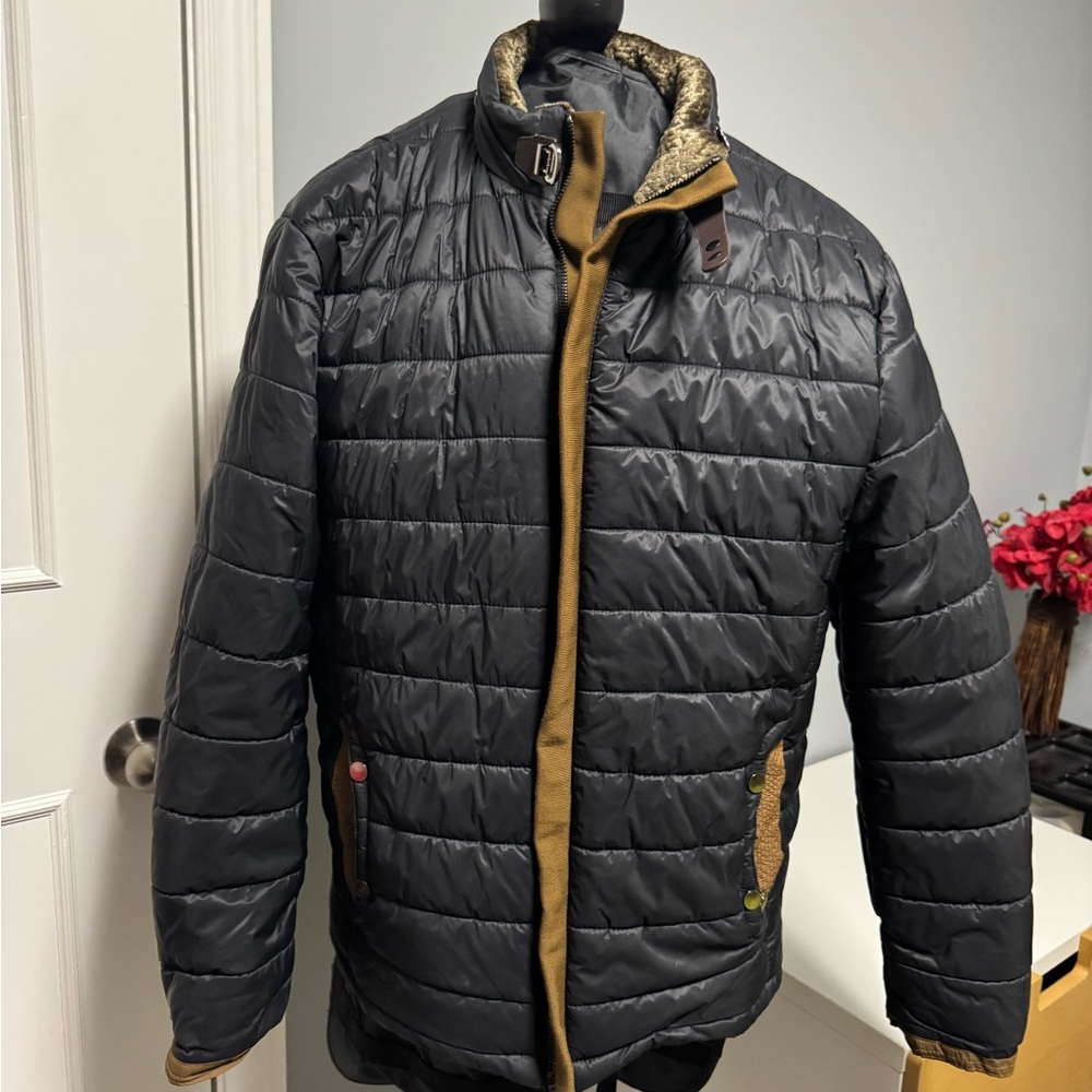 Men's Charcoal Puffer Jacket with Tan Accents
